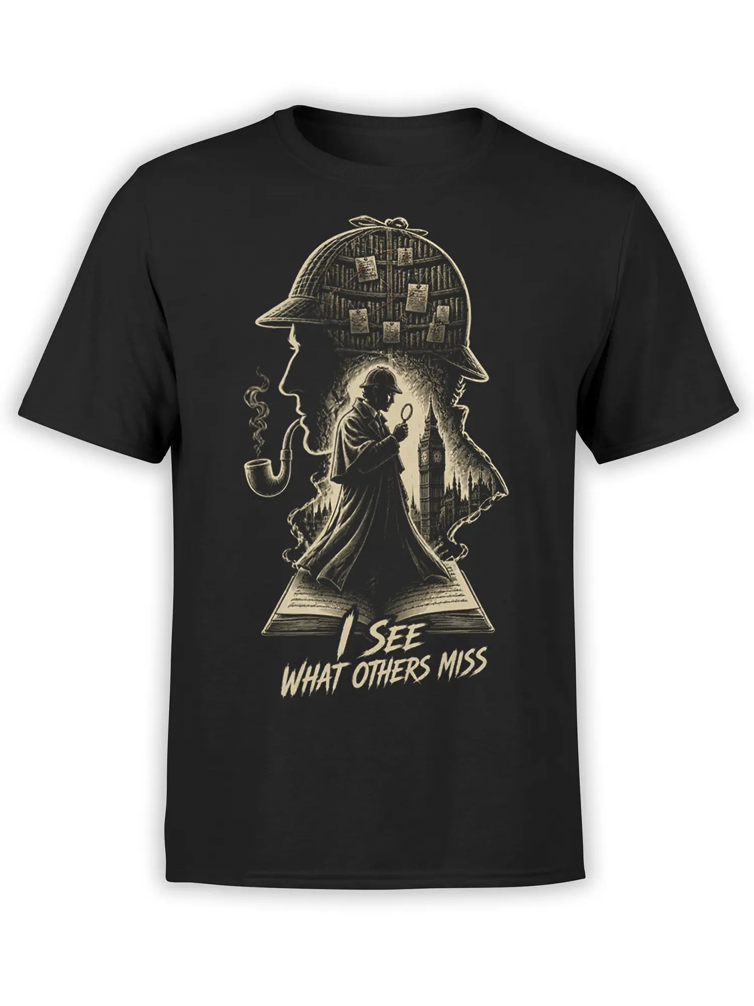 Black detective T-shirt with magnifying glass, pipe, books, open book, and London skyline artwork