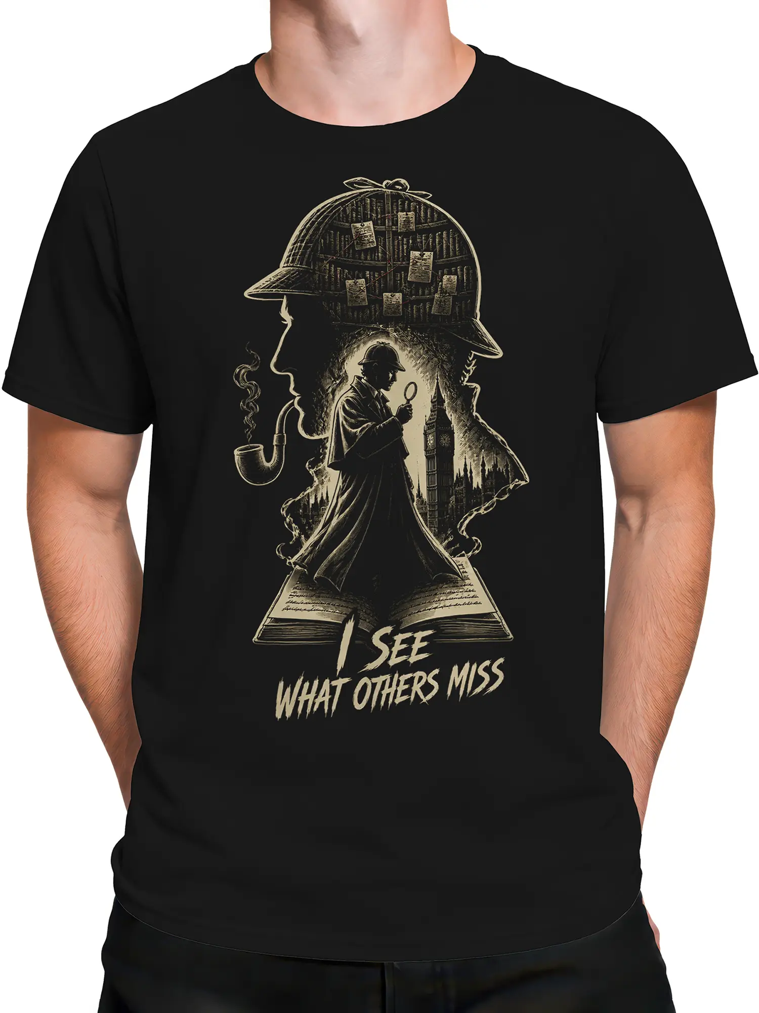 Male torso wearing a black vintage detective T-shirt with magnifying glass and city skyline design
