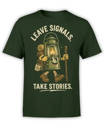Green hiking T-shirt with a vintage lantern character, backpack, walking stick, and Take Stories graphic