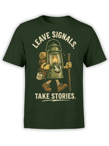 Green hiking T-shirt with a vintage lantern character, backpack, walking stick, and Take Stories graphic
