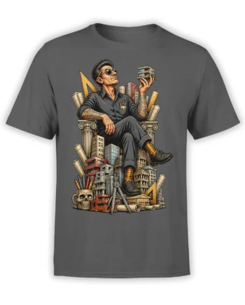 Gray architect T-shirt with a seated designer, city buildings, blueprints, rulers, and drafting tools
