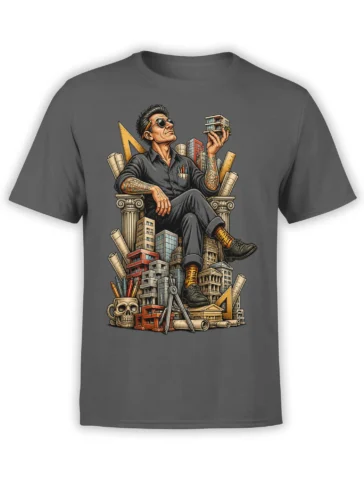 Gray architect T-shirt with a seated designer, city buildings, blueprints, rulers, and drafting tools