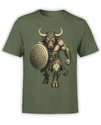 Muscular horned bull warrior holding a round shield on a green graphic T-shirt