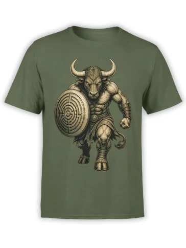 Muscular horned bull warrior holding a round shield on a green graphic T-shirt