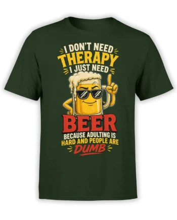 Dark green beer t-shirt with a sunglasses-wearing mug and bold adulting humor lettering