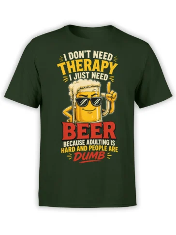 Dark green beer t-shirt with a sunglasses-wearing mug and bold adulting humor lettering