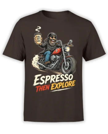 Brown motorcycle T-shirt with bearded biker, espresso cup, skull tank emblem, and “ESPRESSO THEN EXPLORE” text