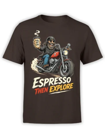 Brown motorcycle T-shirt with bearded biker, espresso cup, skull tank emblem, and “ESPRESSO THEN EXPLORE” text