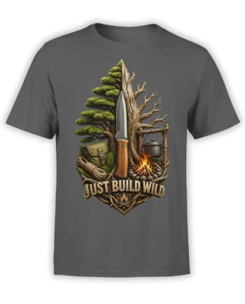 Gray camping t-shirt with survival knife, pine tree, campfire, cooking pot, and “Just Build Wild” design