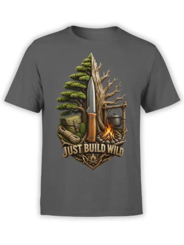 Gray camping t-shirt with survival knife, pine tree, campfire, cooking pot, and “Just Build Wild” design