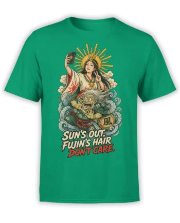 Green fantasy T-shirt with radiant woman, wild-haired wind spirit, swirling waves, and bold summer slogan