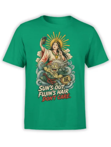 Green fantasy T-shirt with radiant woman, wild-haired wind spirit, swirling waves, and bold summer slogan