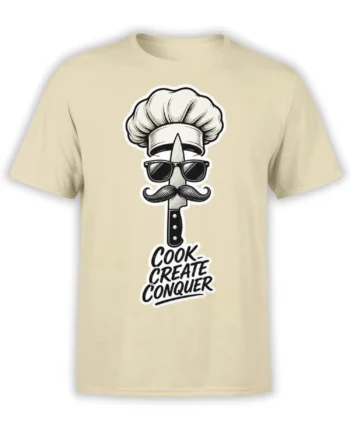Beige chef t-shirt with a sunglasses-wearing kitchen knife, curled mustache, and Cook Create Conquer graphic