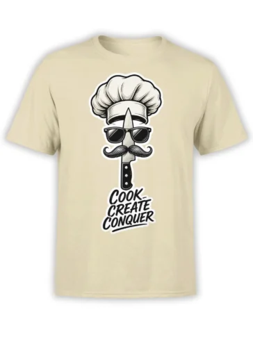 Beige chef t-shirt with a sunglasses-wearing kitchen knife, curled mustache, and Cook Create Conquer graphic