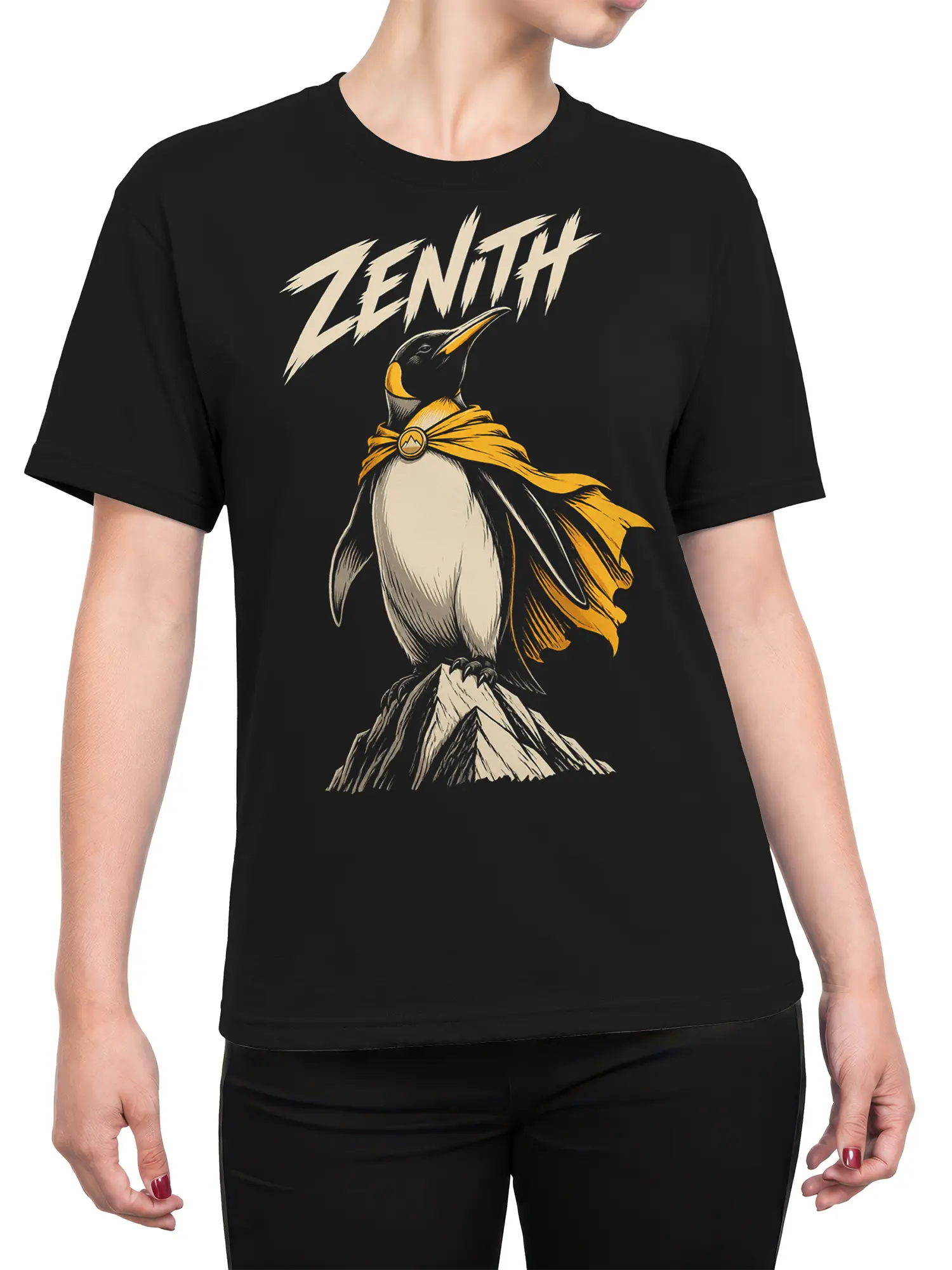Female torso wearing a black T-shirt with a caped penguin and ZENITH mountain graphic
