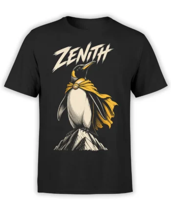 Black T-shirt with a caped penguin standing on a mountain peak beneath bold ZENITH lettering