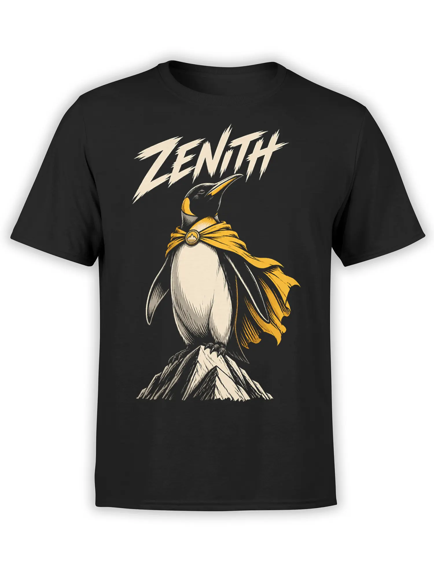 Black T-shirt with a caped penguin standing on a mountain peak beneath bold ZENITH lettering