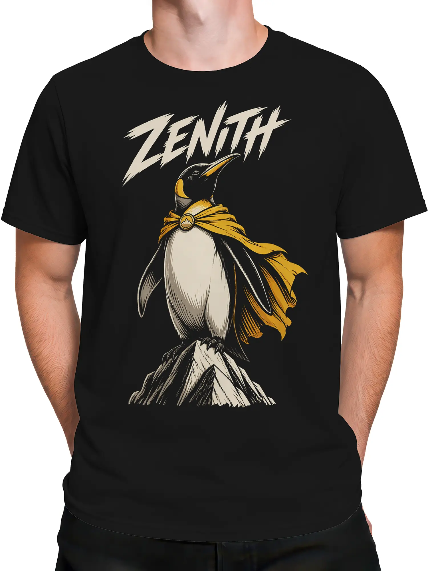 Male torso wearing a black T-shirt with a heroic penguin mountain design