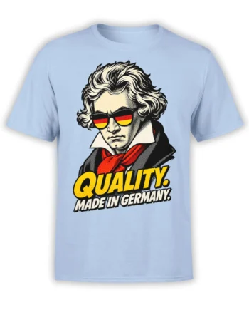 Light blue graphic T-shirt with a vintage portrait, red scarf, red-yellow sunglasses, and QUALITY lettering