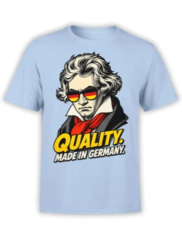 Light blue graphic T-shirt with a vintage portrait, red scarf, red-yellow sunglasses, and QUALITY lettering