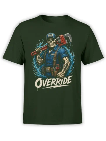 Skeleton plumber graphic on a green T-shirt with a red pipe wrench, blue water splash, and bold OVERRIDE lettering
