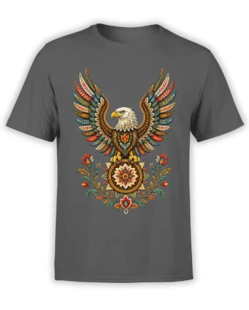 Ornate eagle graphic with colorful folk-art wings and floral mandala on a gray T-shirt