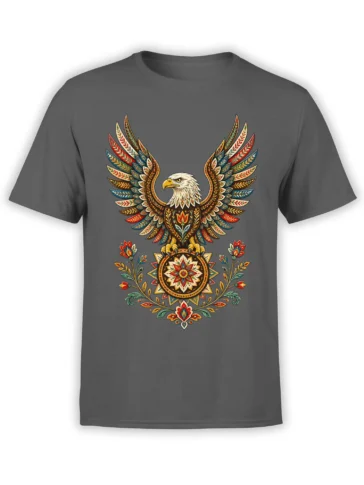 Ornate eagle graphic with colorful folk-art wings and floral mandala on a gray T-shirt