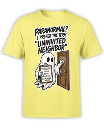 Yellow ghost T-shirt with a white cartoon ghost holding a clipboard and knocking on a brown door