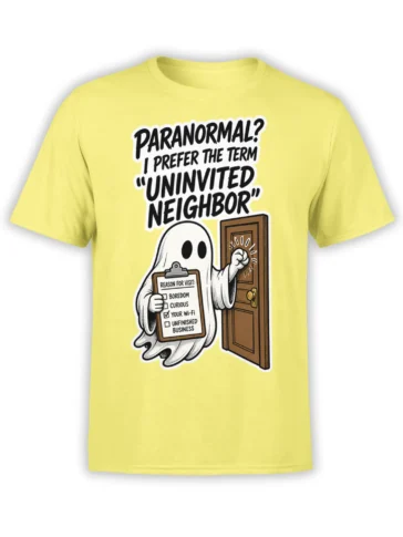 Yellow ghost T-shirt with a white cartoon ghost holding a clipboard and knocking on a brown door