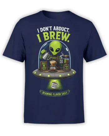 Green alien barista brewing coffee in a flying saucer on a navy alien coffee T-shirt