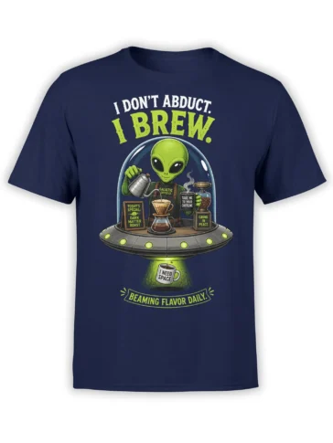 Green alien barista brewing coffee in a flying saucer on a navy alien coffee T-shirt