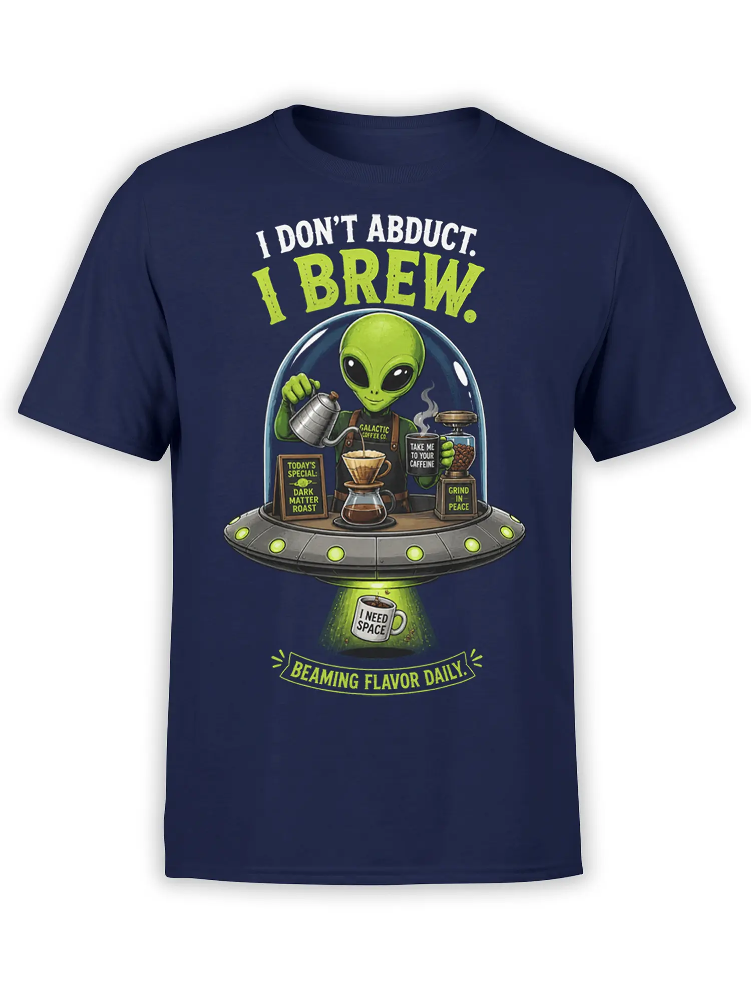 Green alien barista brewing coffee in a flying saucer on a navy alien coffee T-shirt