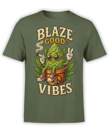 Olive green cannabis T-shirt with a smiling plant in sunglasses, sneakers, a joint, and a peace sign