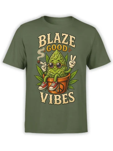 Olive green cannabis T-shirt with a smiling plant in sunglasses, sneakers, a joint, and a peace sign