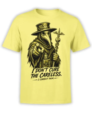 Yellow plague doctor T-shirt with black vintage artwork, medical symbols, skull bottle, and dark humor message