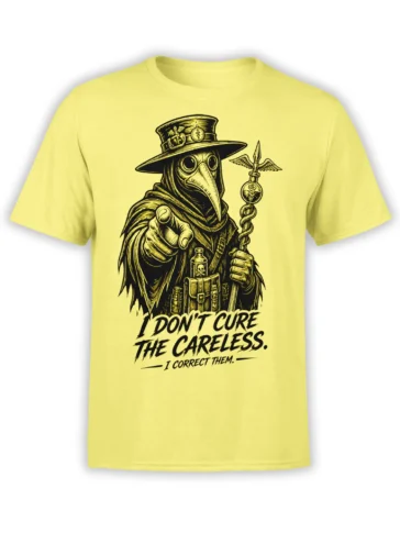Yellow plague doctor T-shirt with black vintage artwork, medical symbols, skull bottle, and dark humor message