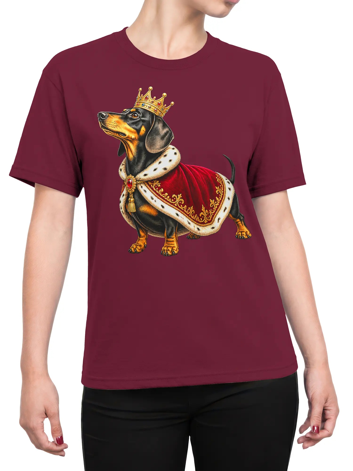 Female torso wearing a burgundy T-shirt with a crowned dachshund and red royal cape design