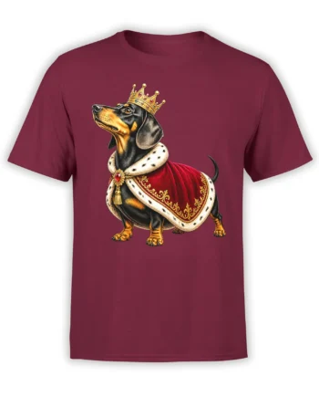 Black-and-tan dachshund in a gold crown and red royal cape on a burgundy T-shirt