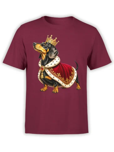 Black-and-tan dachshund in a gold crown and red royal cape on a burgundy T-shirt
