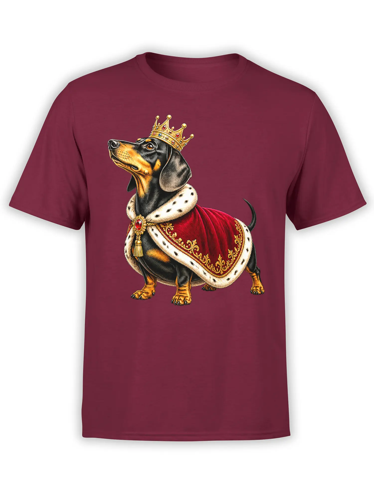 Black-and-tan dachshund in a gold crown and red royal cape on a burgundy T-shirt