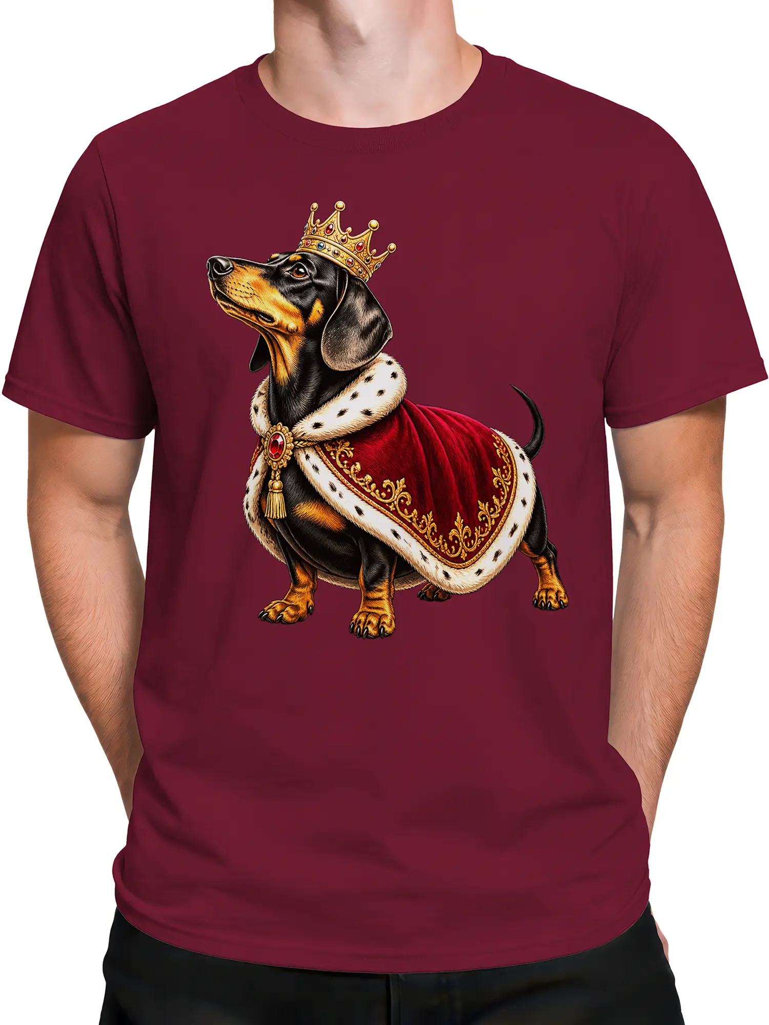 Male torso wearing a burgundy T-shirt with a crowned dachshund graphic and royal cape