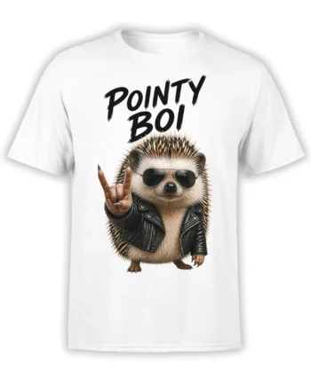 White T-shirt with a punk hedgehog in sunglasses and a leather jacket under “PONTY BOI” lettering