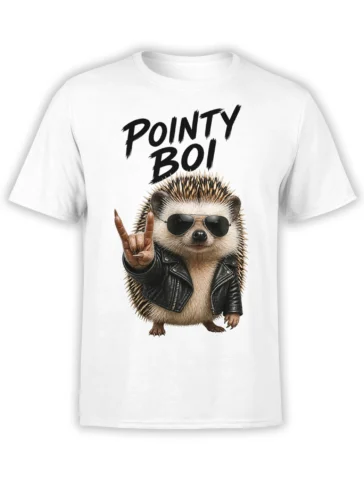 White T-shirt with a punk hedgehog in sunglasses and a leather jacket under “PONTY BOI” lettering
