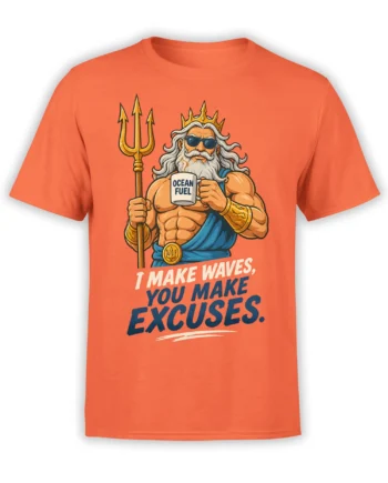Coral Poseidon mythology T-shirt with golden trident, ocean fuel mug, and wave-making slogan