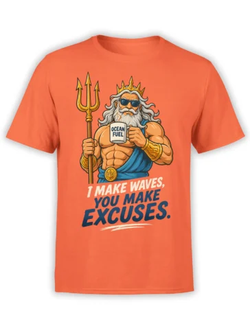 Coral Poseidon mythology T-shirt with golden trident, ocean fuel mug, and wave-making slogan