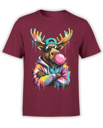 Colorful moose graphic tee with sunglasses, backward cap, pink bubblegum, and paint splashes on burgundy