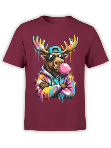 Colorful moose graphic tee with sunglasses, backward cap, pink bubblegum, and paint splashes on burgundy