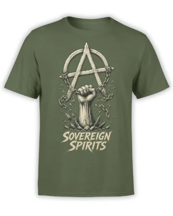 Green anarchy T-shirt with a raised fist, broken chains, and Sovereign Spirits graphic