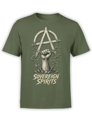 Green anarchy T-shirt with a raised fist, broken chains, and Sovereign Spirits graphic