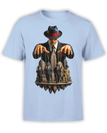 Vintage noir puppet master graphic with four suited figures and a city skyline on a light blue T-shirt